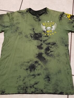 Affliction Olive Green Tie-Dye Graphic Tee with Yellow Accents